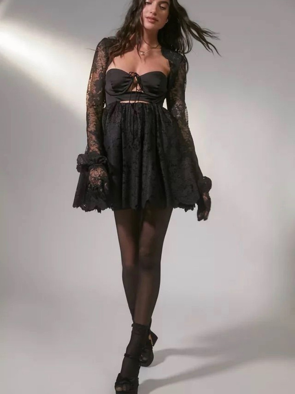 For Love & Lemons Black Lace Mini Dress with Sheer Sleeves
